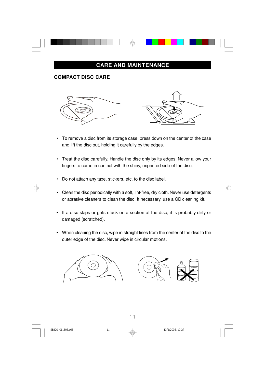 Emerson SB220 owner manual Care and Maintenance, Compact Disc Care 