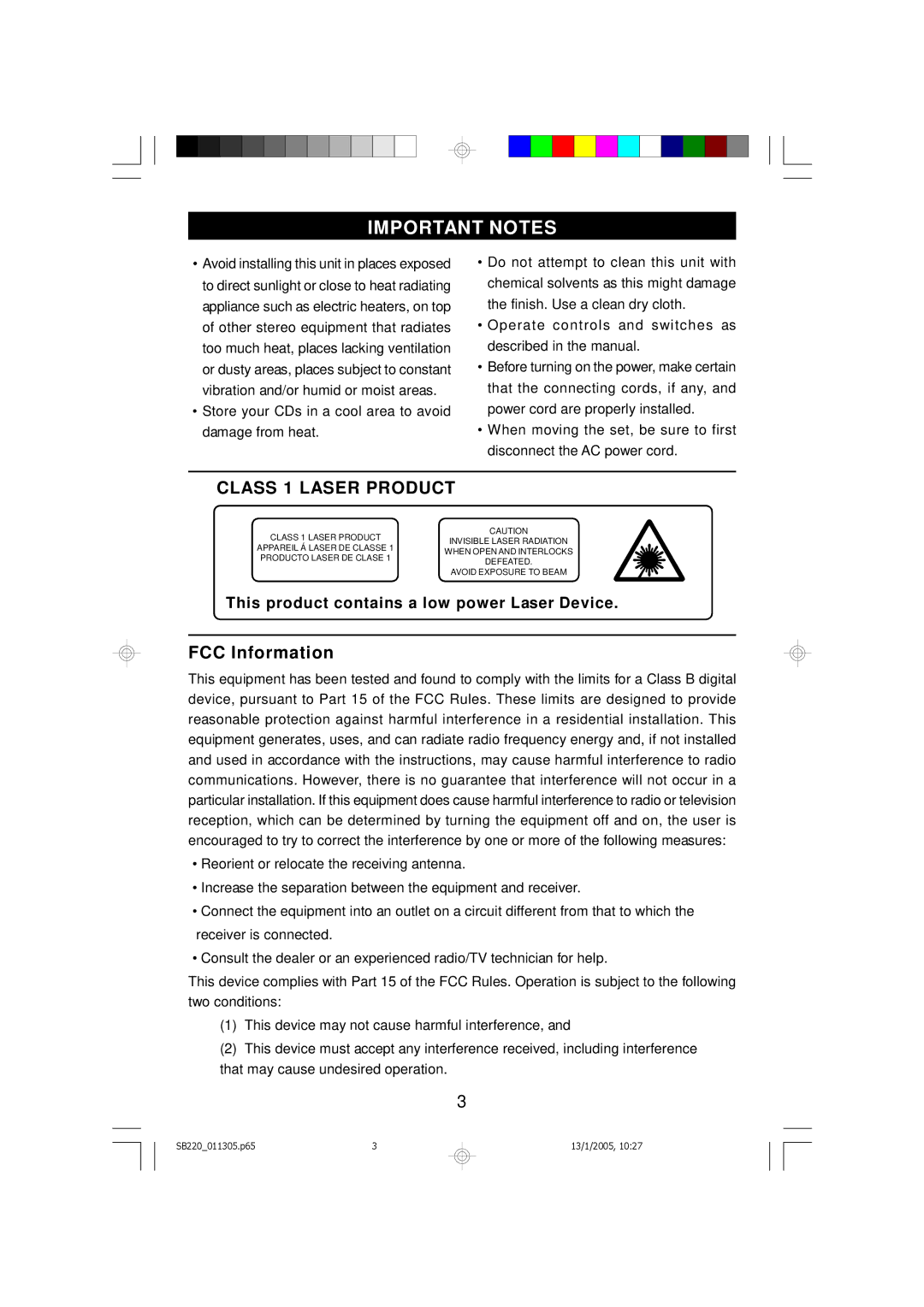 Emerson SB220 owner manual Important Notes, Class 1 Laser Product 