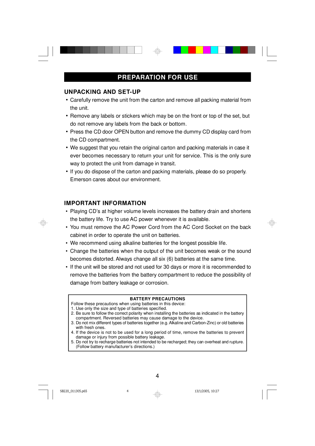 Emerson SB220 owner manual Preparation for USE, Unpacking and SET-UP, Important Information 