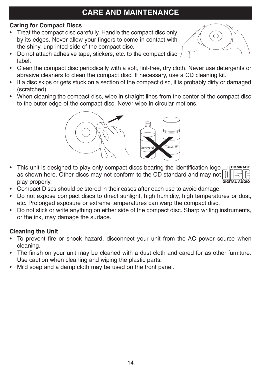 Emerson SB225 owner manual Care and Maintenance, Caring for Compact Discs 