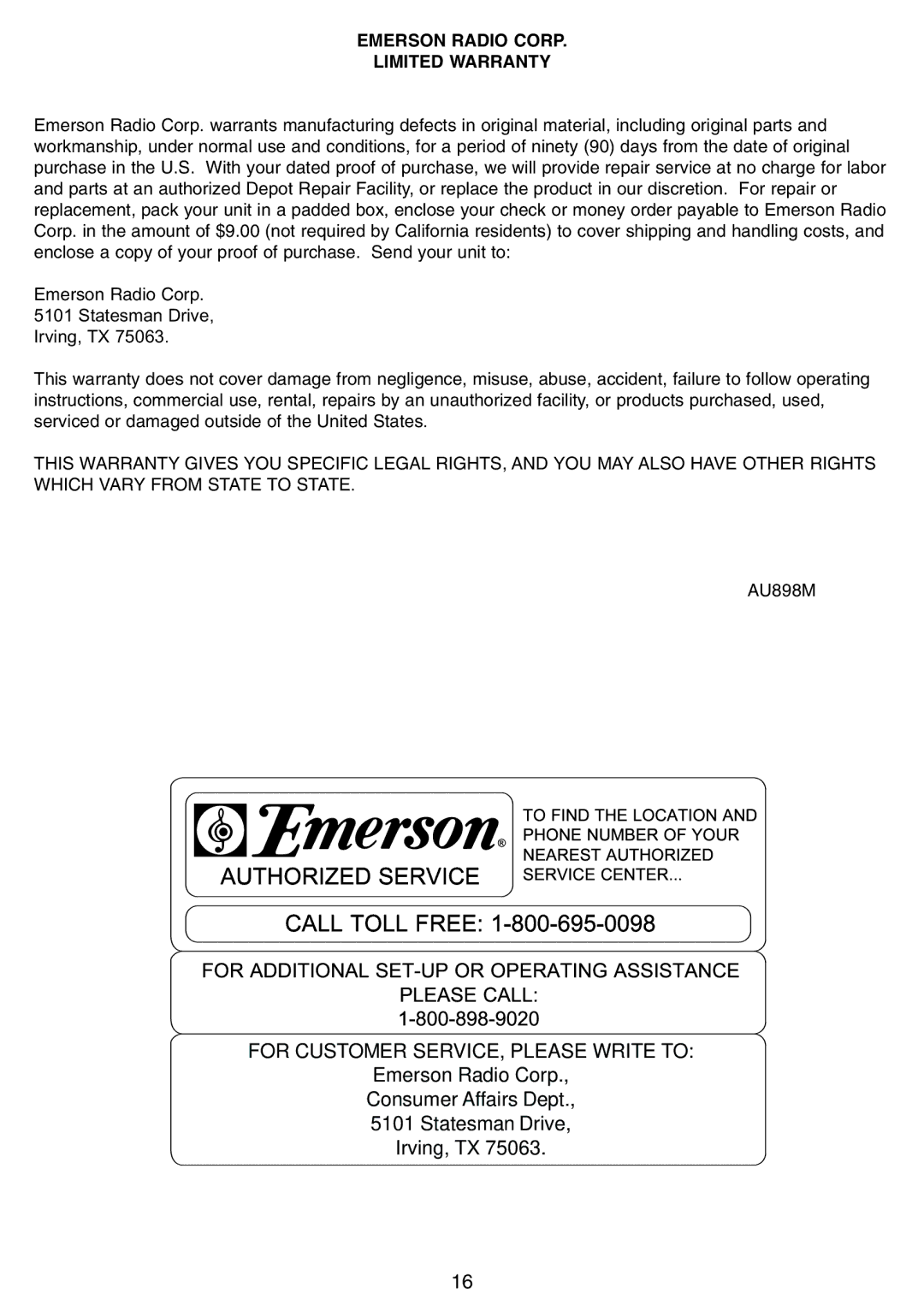 Emerson SB225 owner manual Authorized Service Service Center 