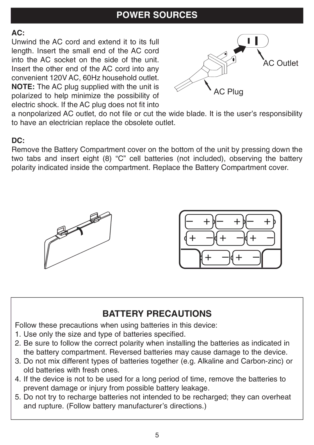 Emerson SB225 owner manual Power Sources, Battery Precautions 