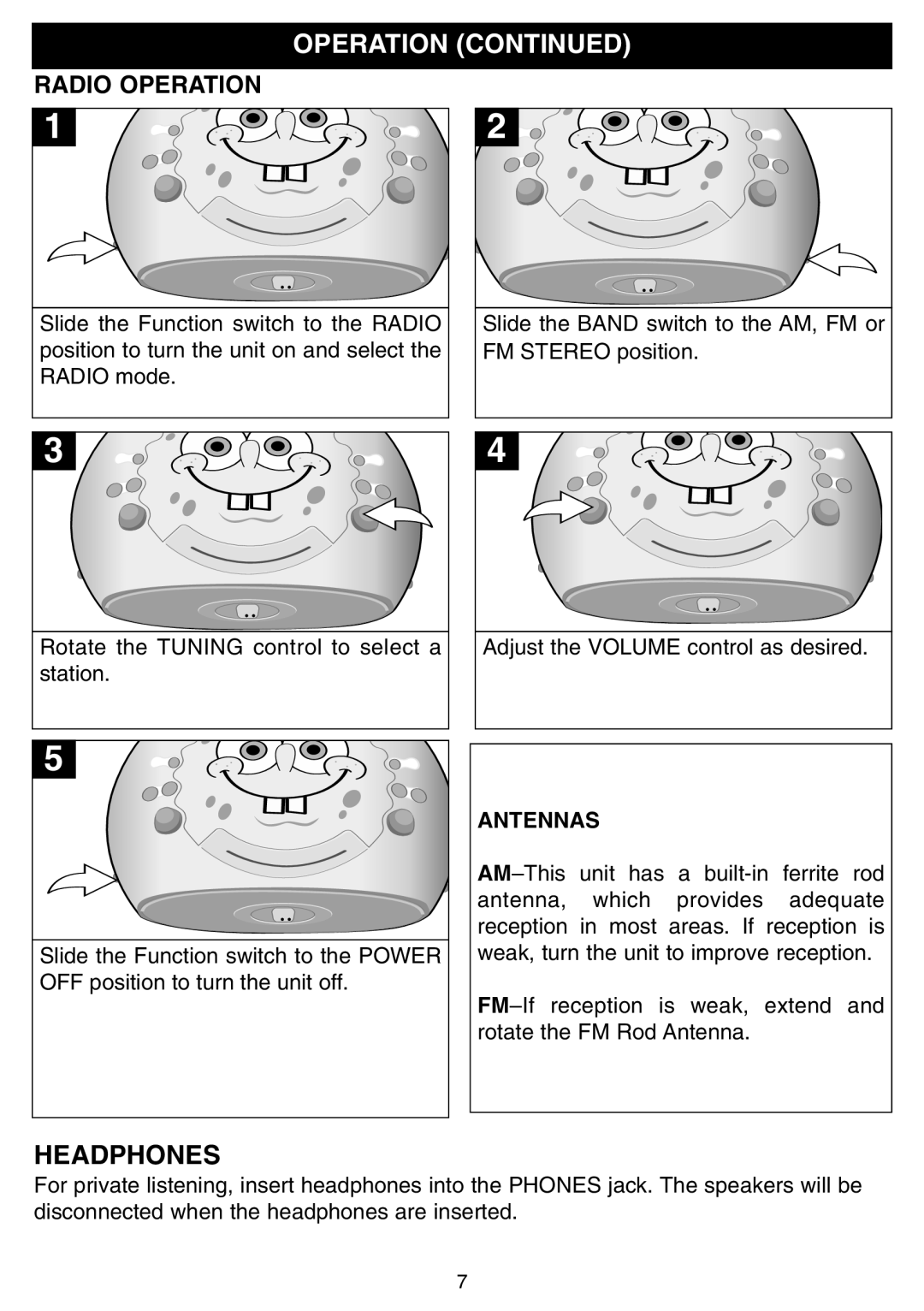 Emerson SB225 owner manual Operation, Headphones 