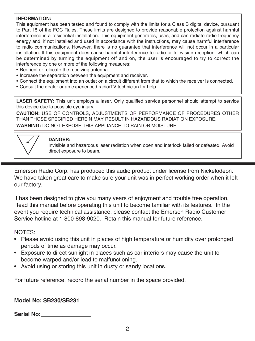 Emerson owner manual Model No SB230/SB231 Serial No 
