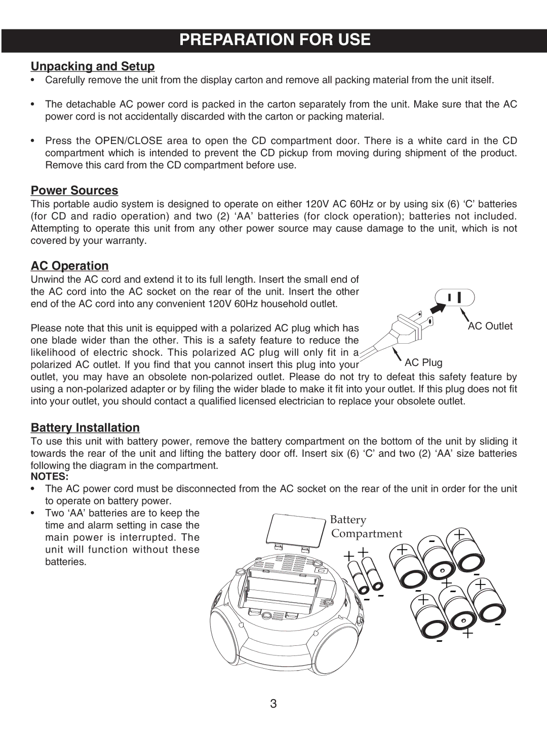 Emerson SB231, SB230 owner manual Preparation for USE, Unpacking and Setup 