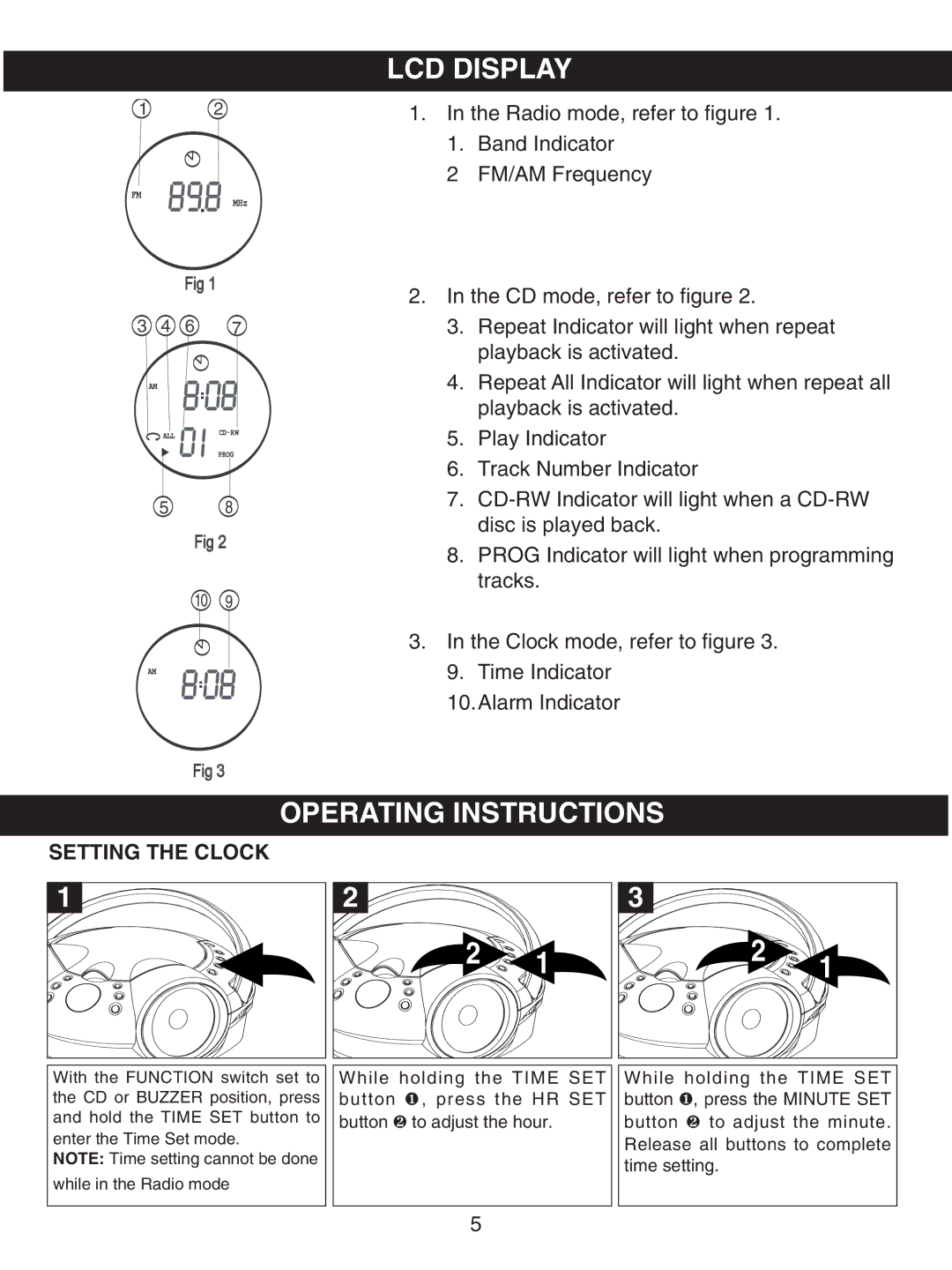 Emerson SB231, SB230 owner manual LCD Display, Operating Instructions, Setting the Clock 