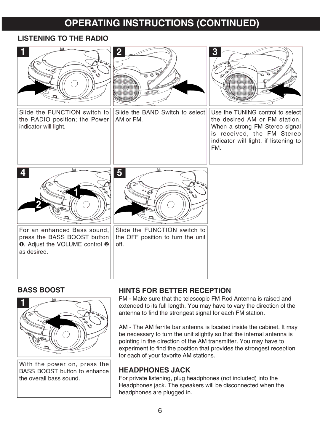 Emerson SB230, SB231 owner manual Listening to the Radio, Bass Boost, Hints for Better Reception, Headphones Jack 