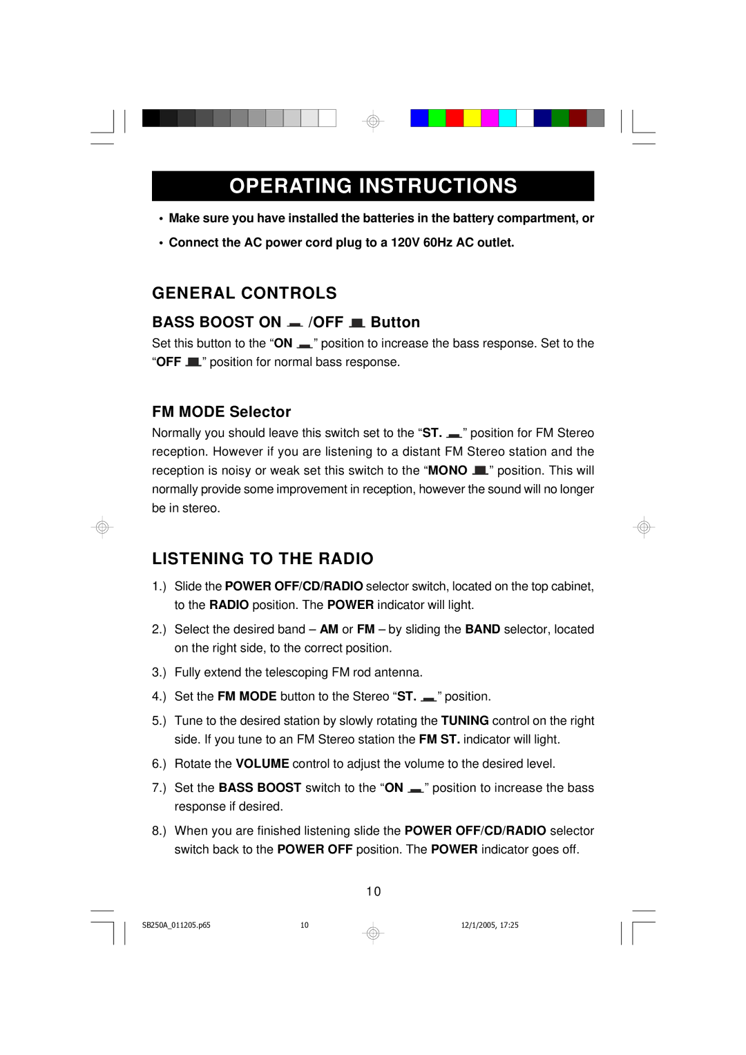 Emerson SB250A manual Operating Instructions, General Controls, Listening to the Radio, Bass Boost on /OFF Button 