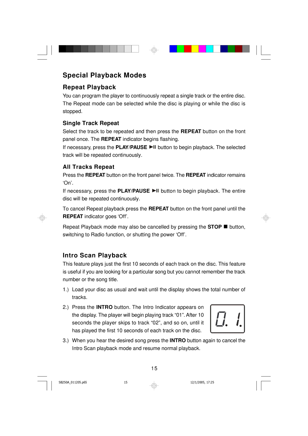 Emerson SB250A manual Repeat Playback, Intro Scan Playback 