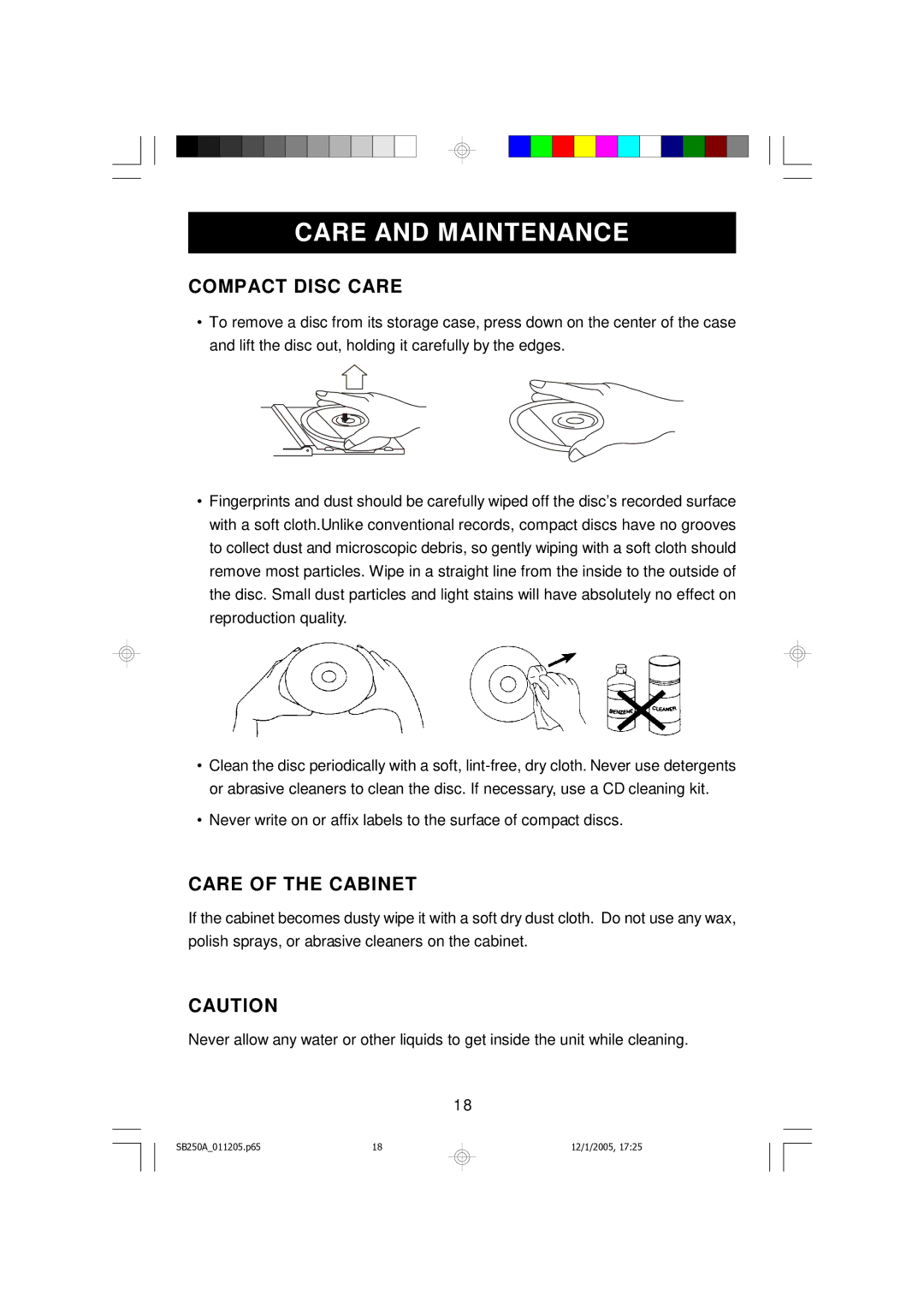 Emerson SB250A manual Care and Maintenance, Compact Disc Care 