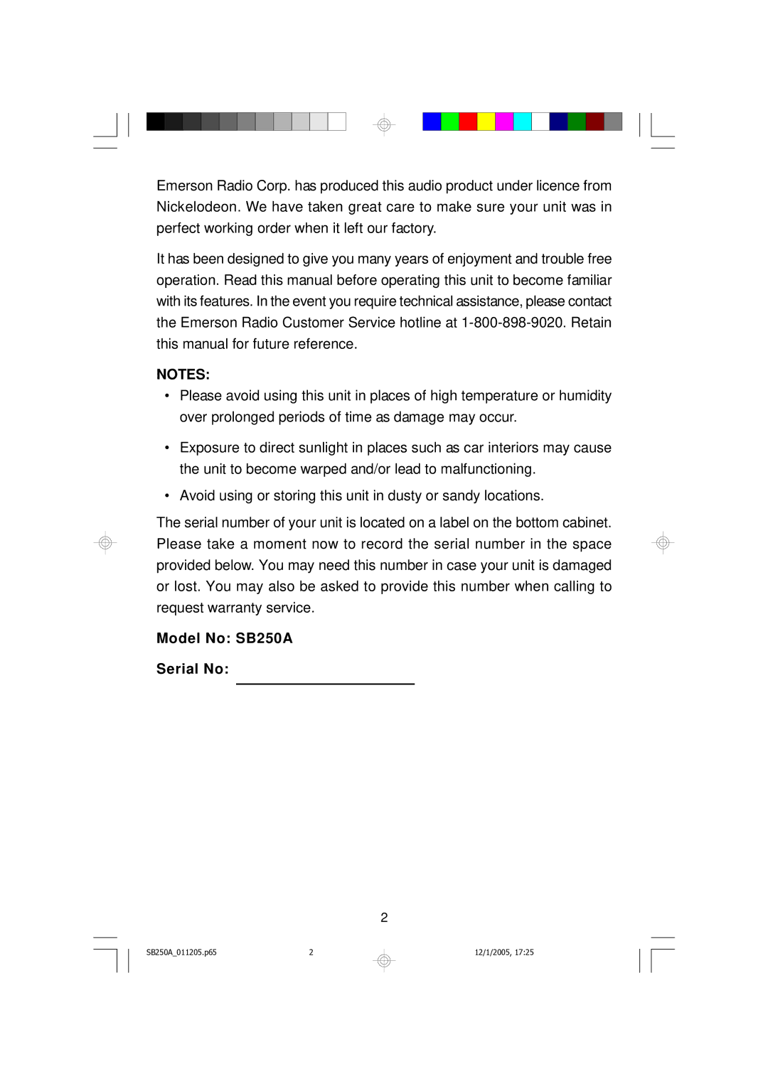 Emerson manual Model No SB250A Serial No 