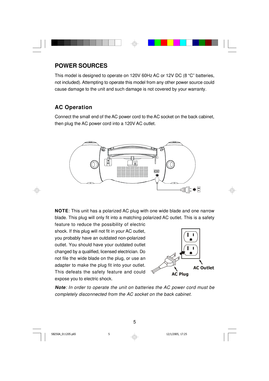 Emerson SB250A manual Power Sources, AC Operation 