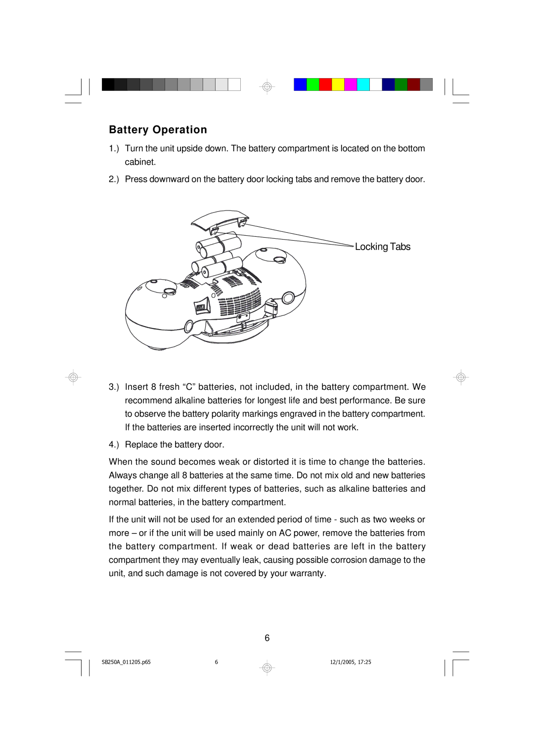 Emerson SB250A manual Battery Operation, Locking Tabs 