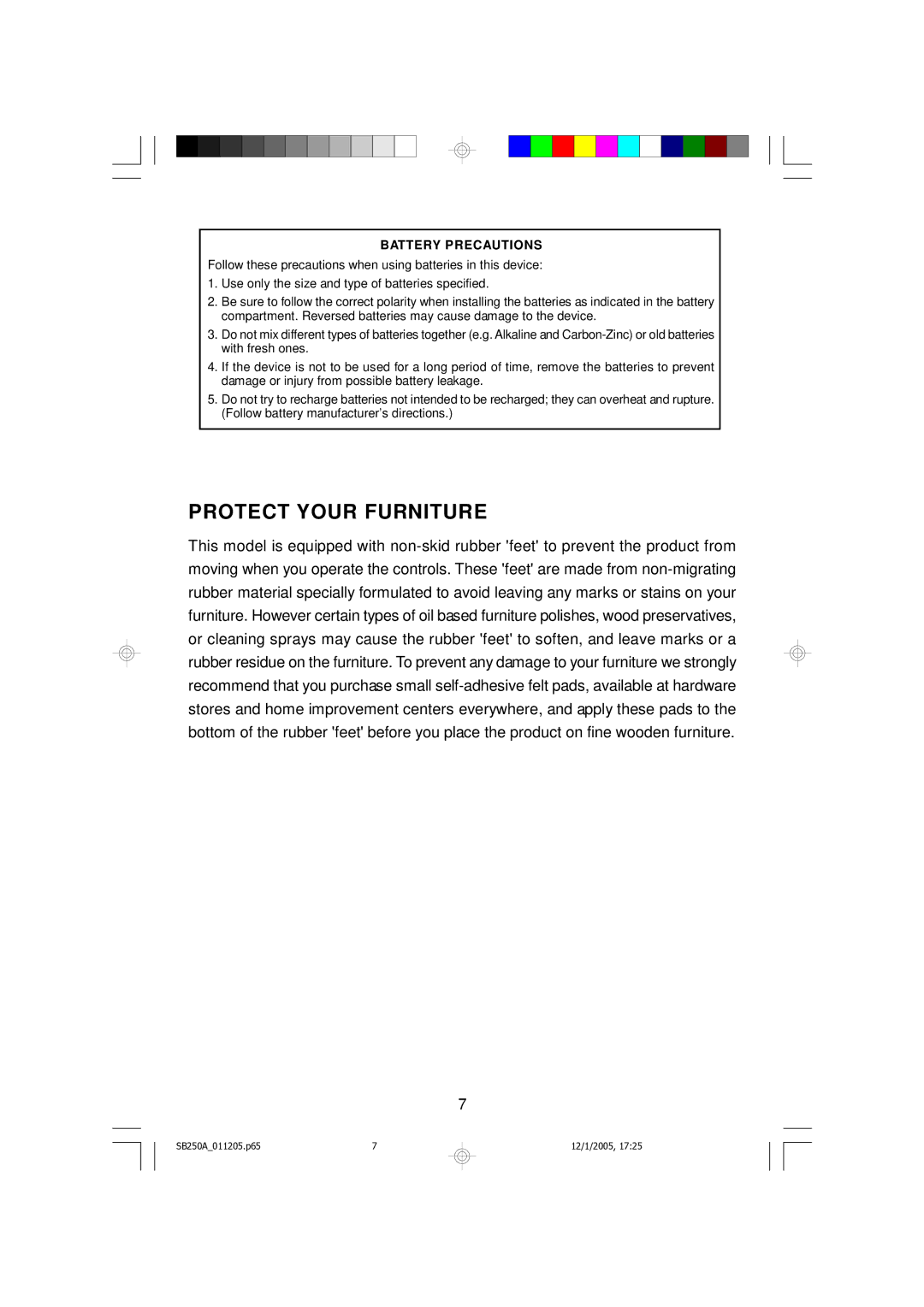 Emerson SB250A manual Protect Your Furniture, Battery Precautions 