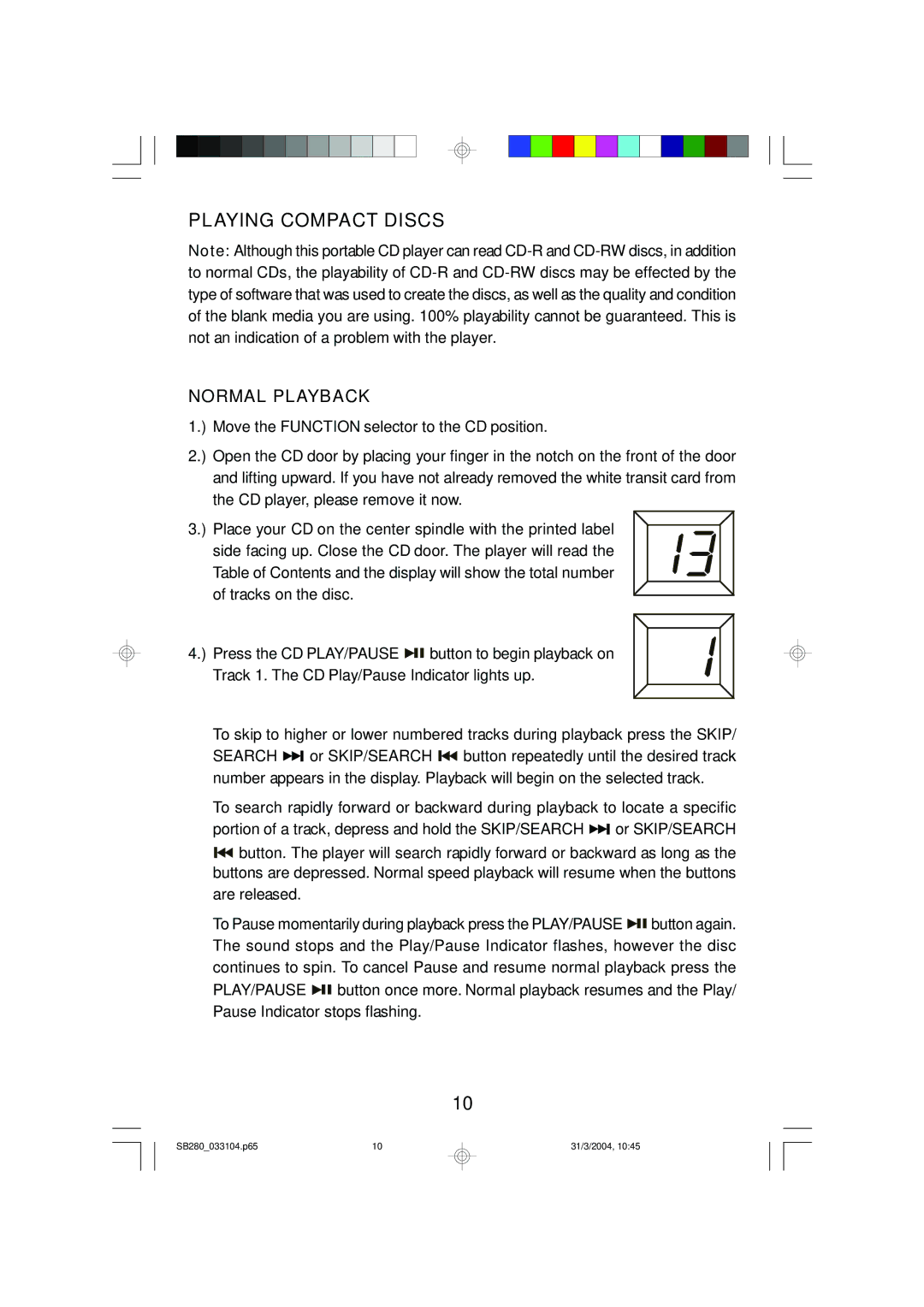 Emerson SB280 manual Playing Compact Discs, Normal Playback 