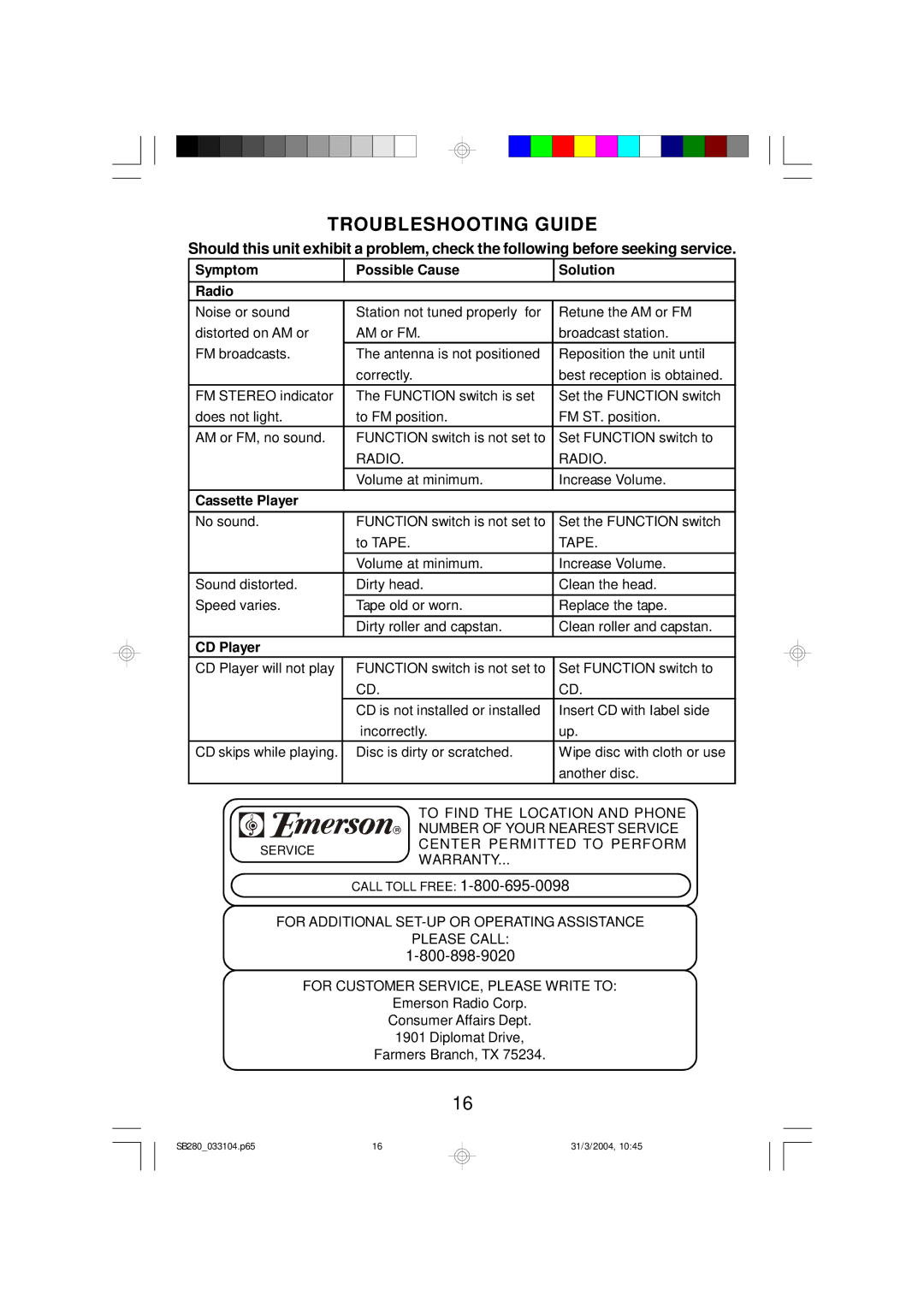 Emerson SB280 manual Troubleshooting Guide, Symptom Possible Cause Solution Radio 