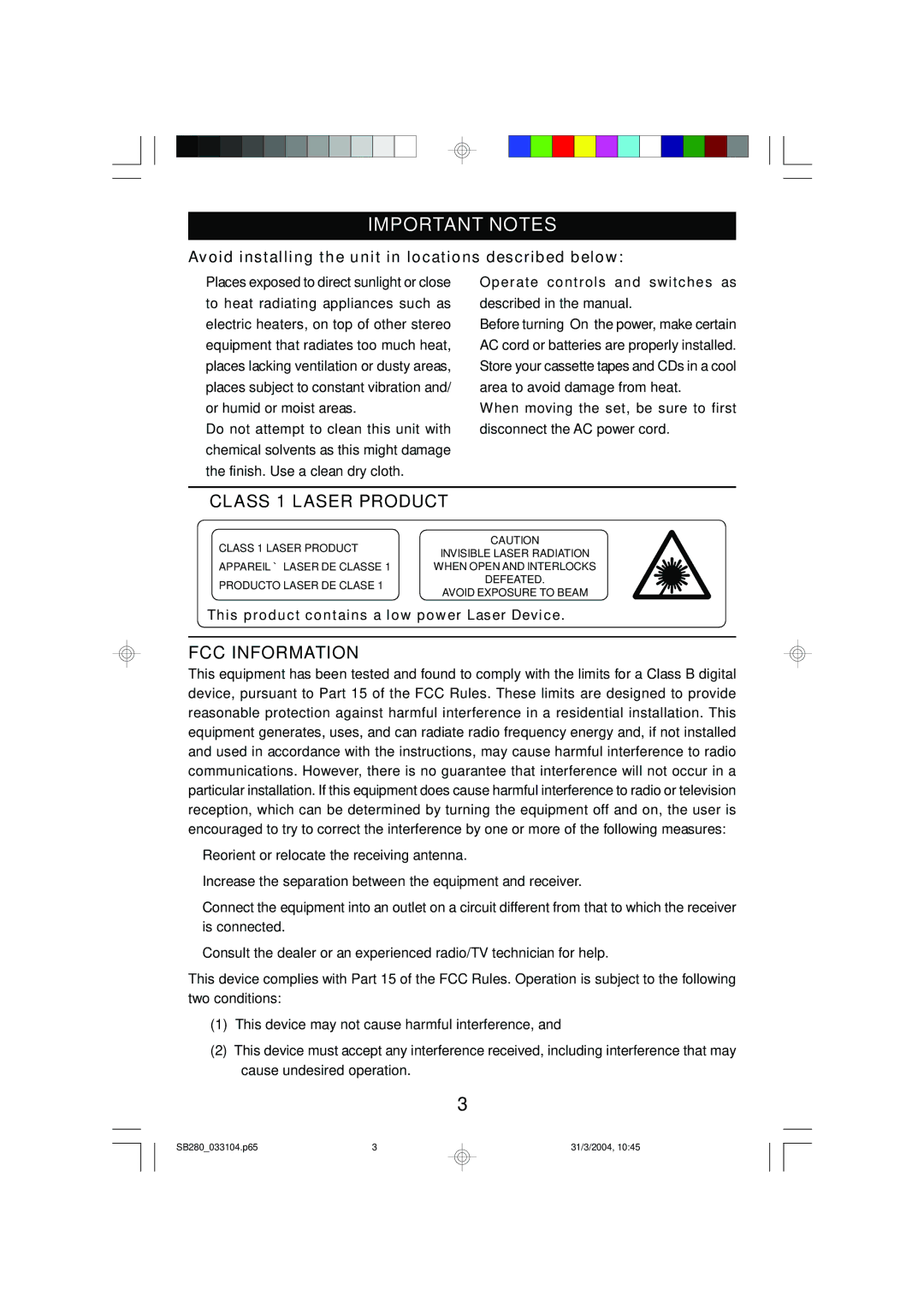 Emerson SB280 manual Important Notes, Class 1 Laser Product, FCC Information 