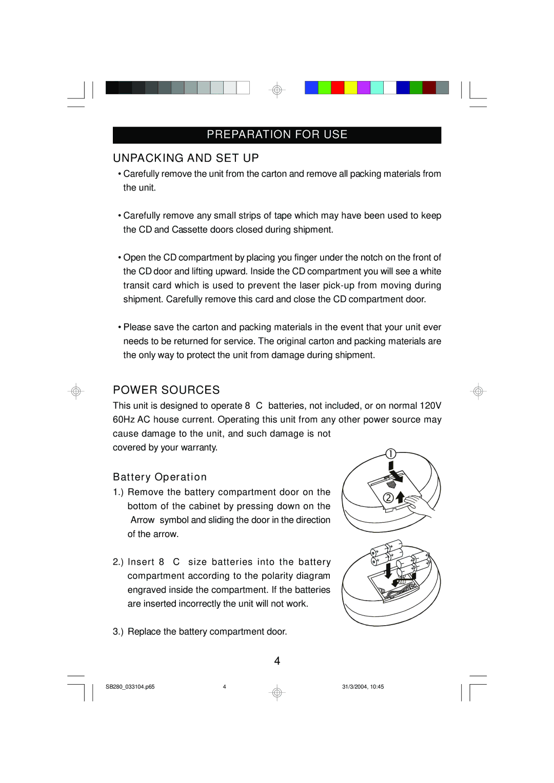 Emerson SB280 manual Preparation for USE, Unpacking and SET UP, Power Sources, Battery Operation 