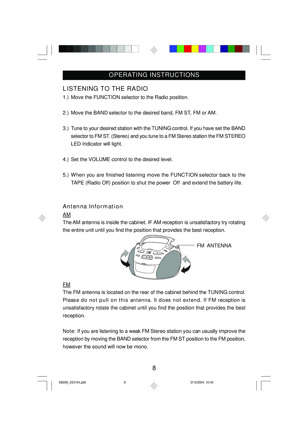 Emerson SB280 manual Operating Instructions, Listening to the Radio, Antenna Information 