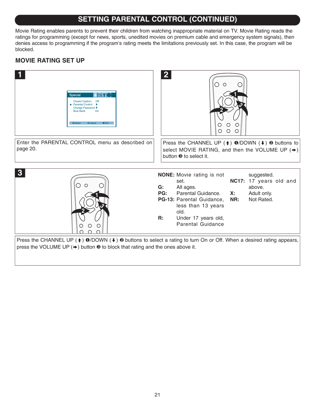 Emerson SB315 manual Movie Rating SET UP, NC17 