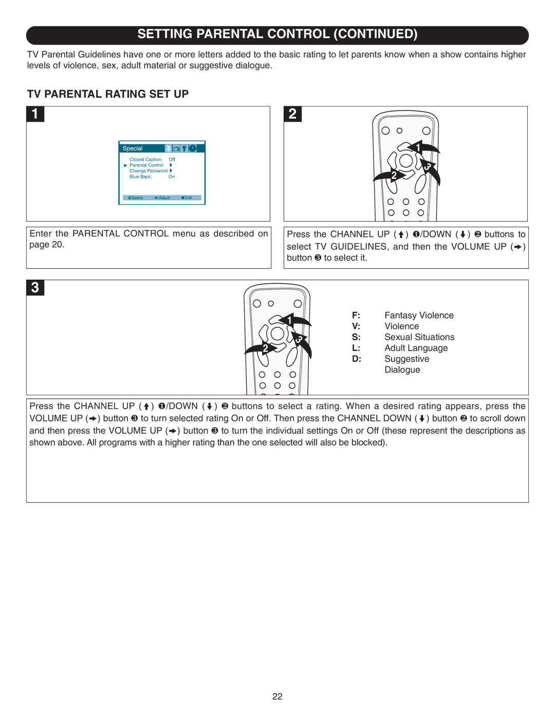 Emerson SB315 manual TV Parental Rating SET UP 