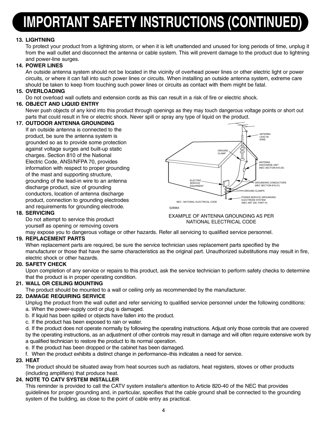 Emerson SB315 manual Lightning, Power Lines, Overloading, Object and Liquid Entry, Outdoor Antenna Grounding, Servicing 