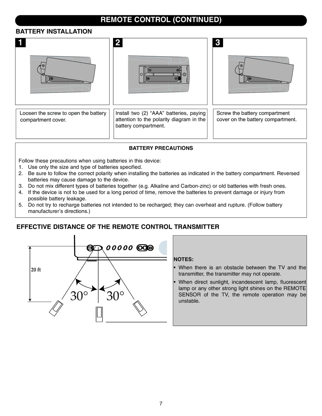 Emerson SB315 manual Battery Installation, Effective Distance of the Remote Control Transmitter, Battery Precautions 