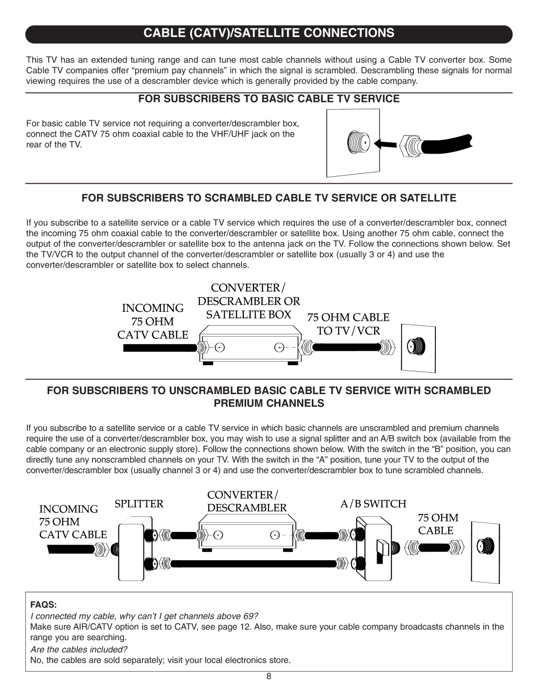 Emerson SB315 manual Cable CATV/SATELLITE Connections, For Subscribers to Basic Cable TV Service, Faqs 