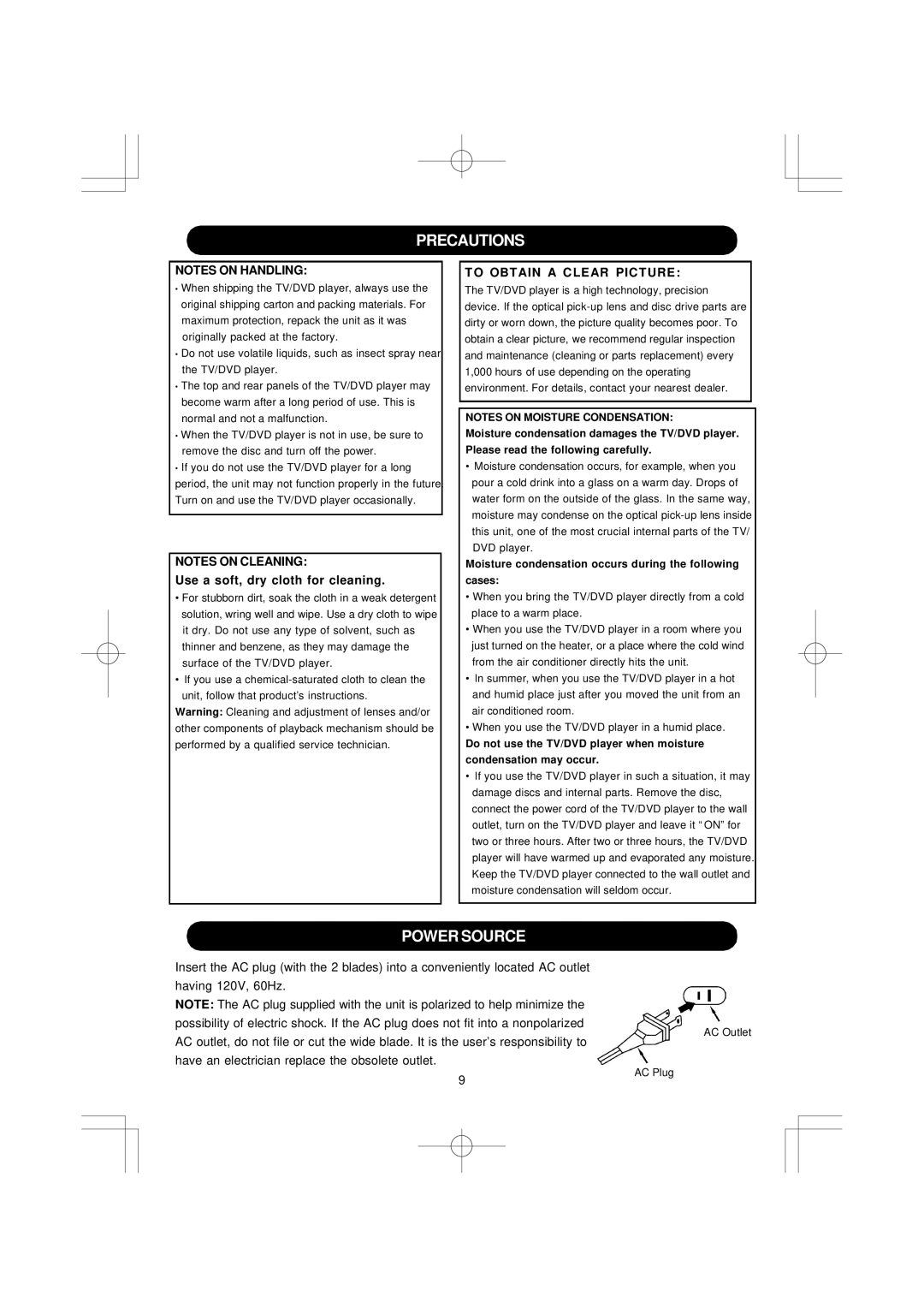 Emerson SB351 owner manual Precautions, Power Source, To Obtain a Clear Picture 