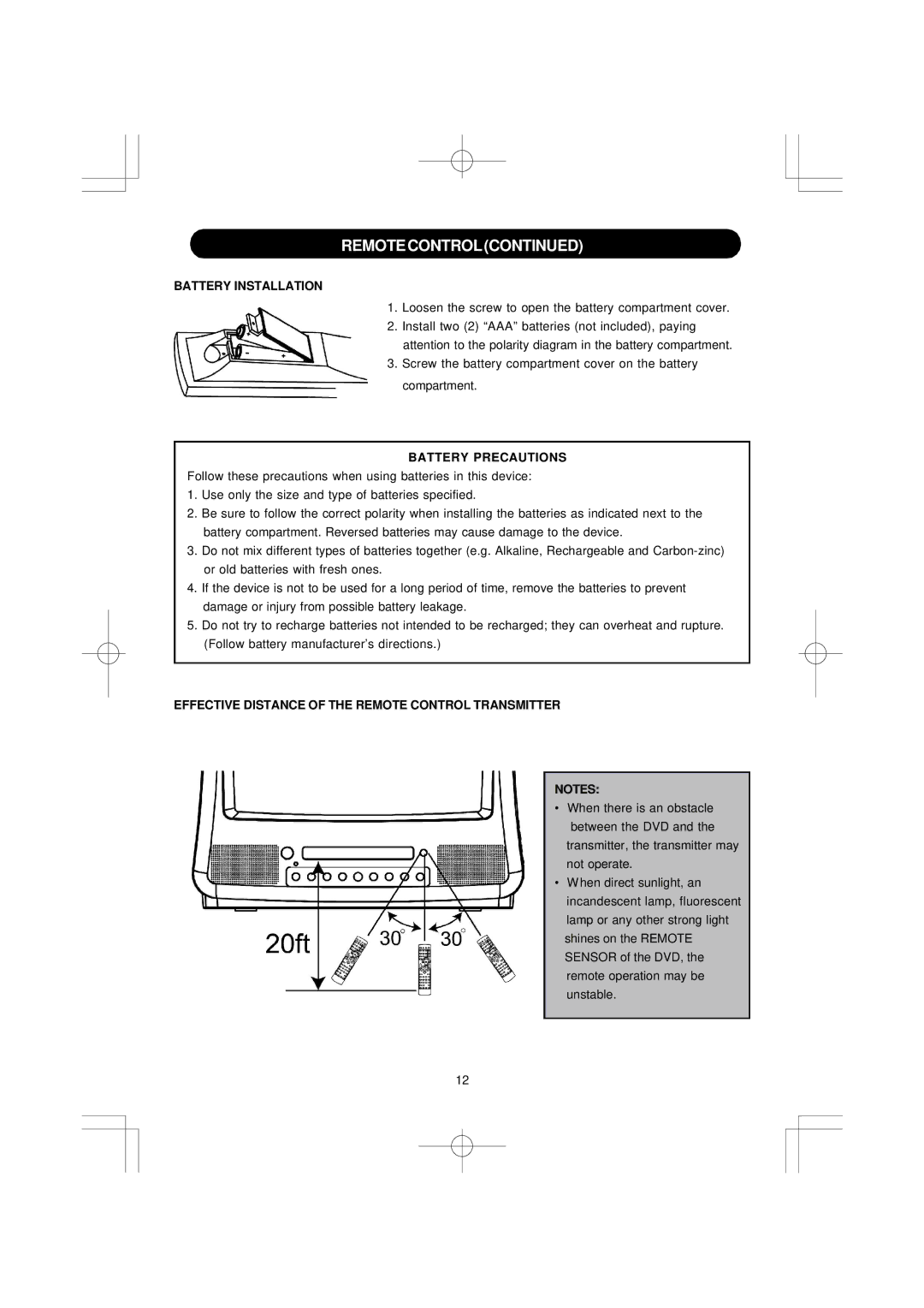 Emerson SB351 owner manual Remotecontrol, Battery Installation, Battery Precautions 