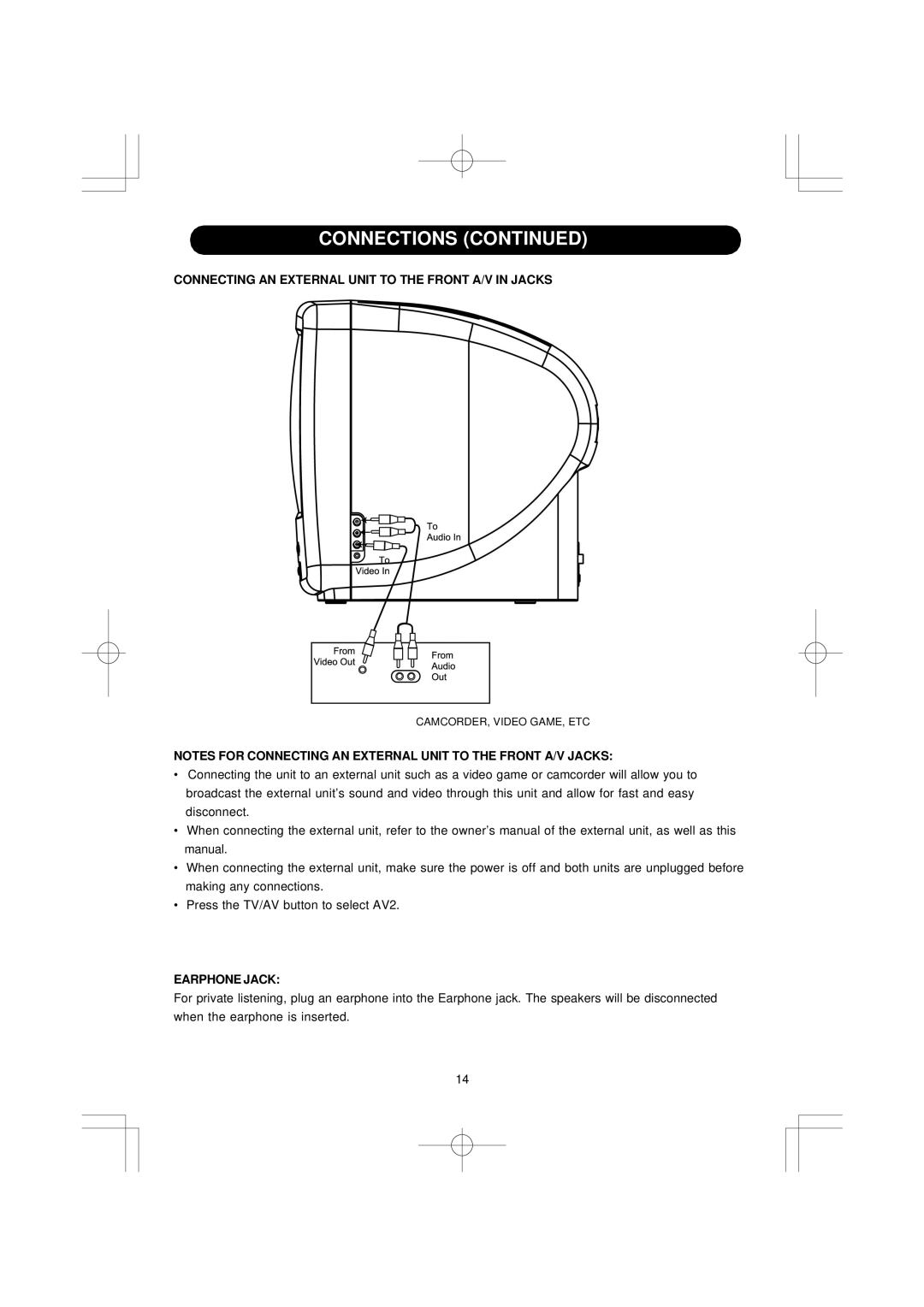 Emerson SB351 owner manual Connecting AN External Unit to the Front A/V in Jacks, Earphone Jack 