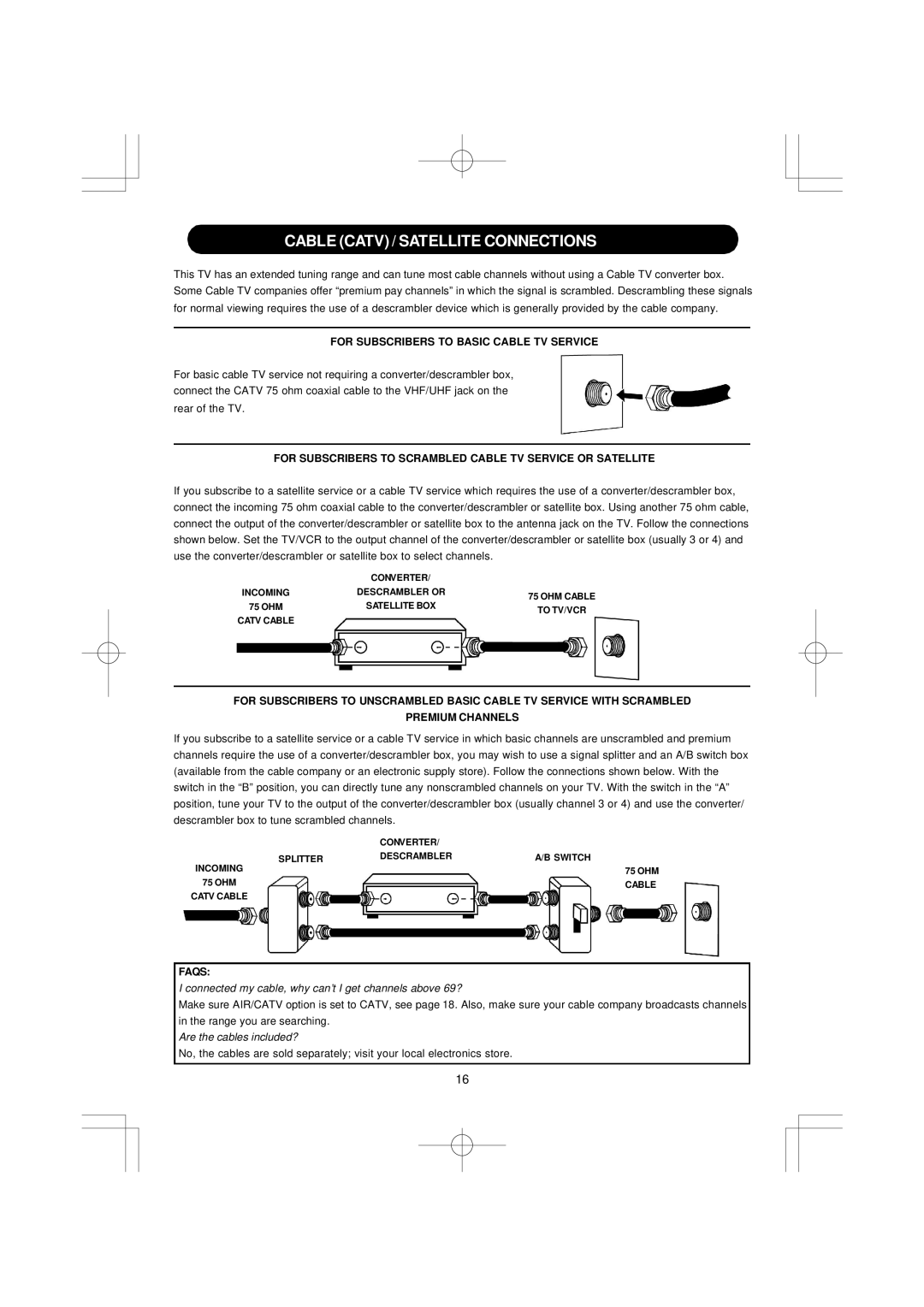 Emerson SB351 owner manual Cable Catv / Satellite Connections, For Subscribers to Basic Cable TV Service, Faqs 