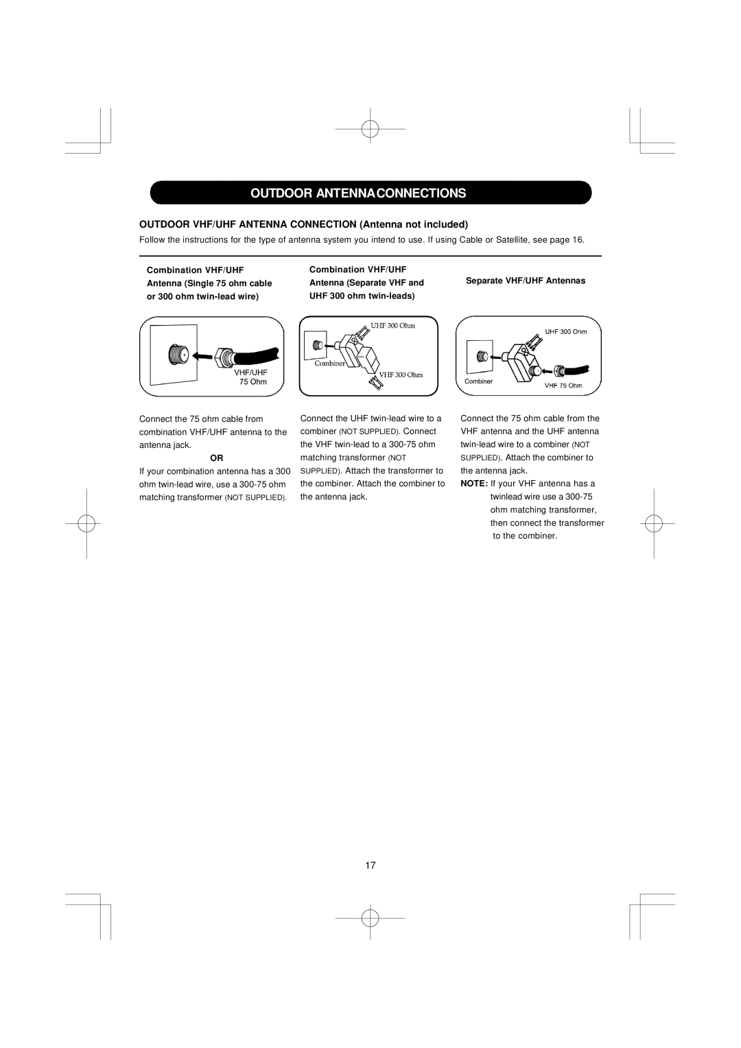 Emerson SB351 owner manual Outdoor Antennaconnections, Outdoor VHF/UHF Antenna Connection Antenna not included 