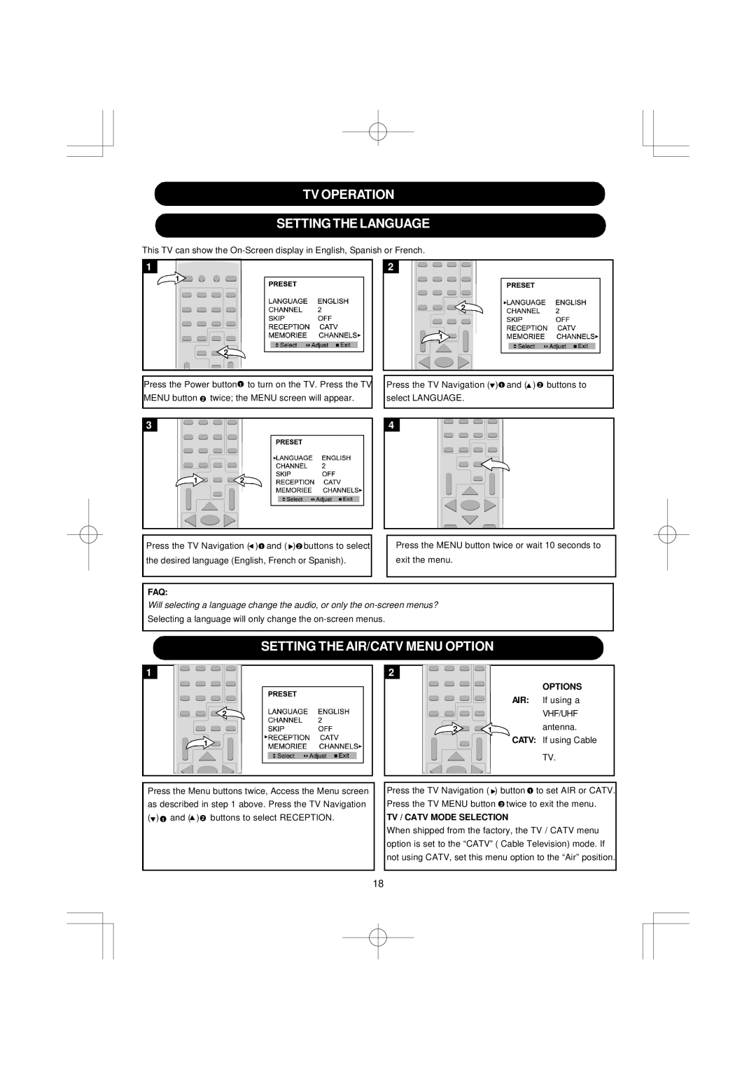 Emerson SB351 TV Operation Setting the Language, Setting the AIR/CATV Menu Option, Faq, Options, TV / Catv Mode Selection 