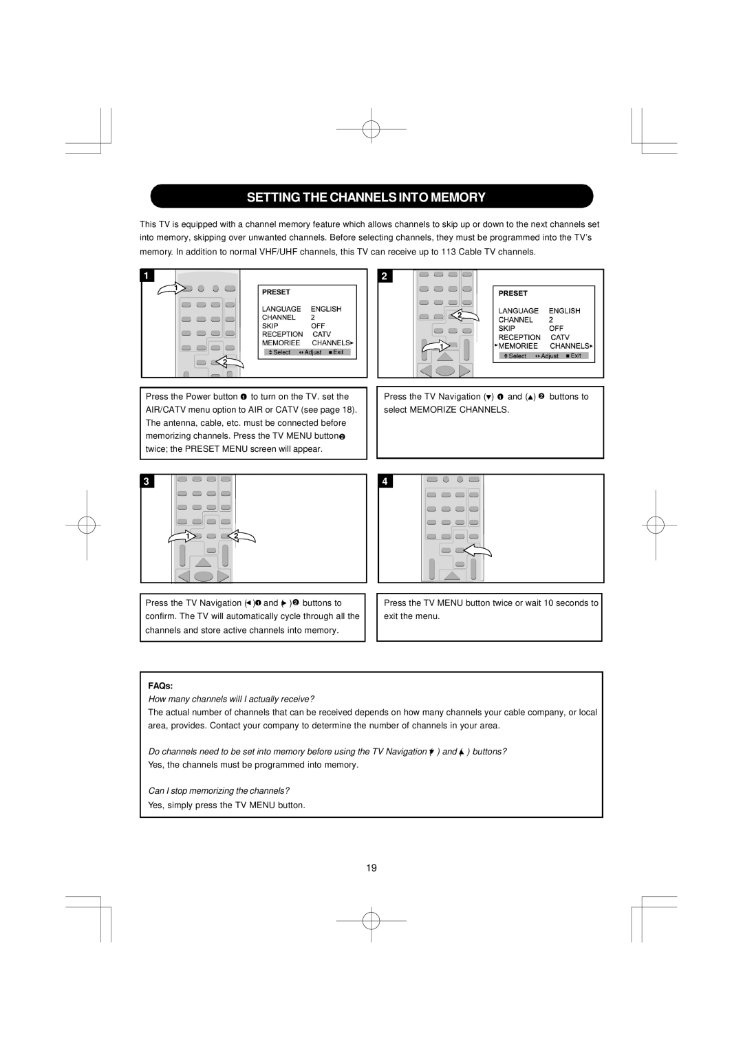 Emerson SB351 owner manual Setting the Channels Into Memory, FAQs 