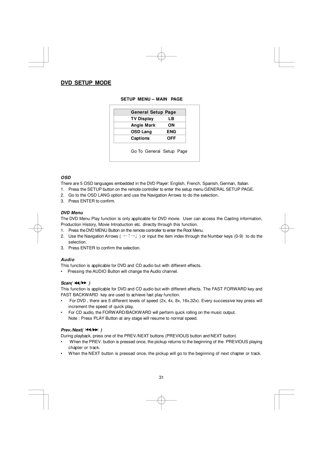 Emerson SB351 owner manual Setup Menu -- Main, Eng, Off 