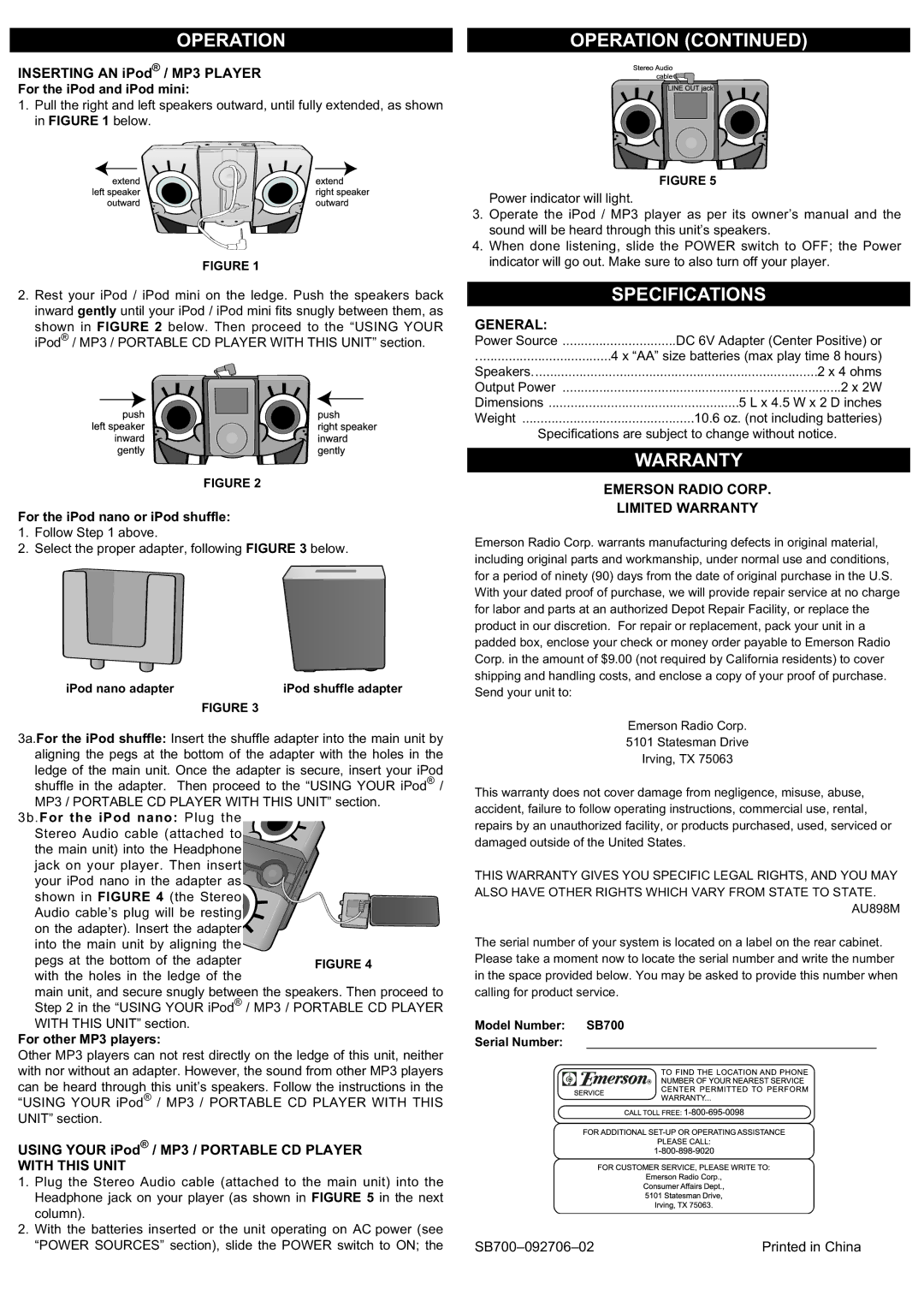 Emerson SB700 owner manual Operation, General, Emerson Radio Corp Limited Warranty 