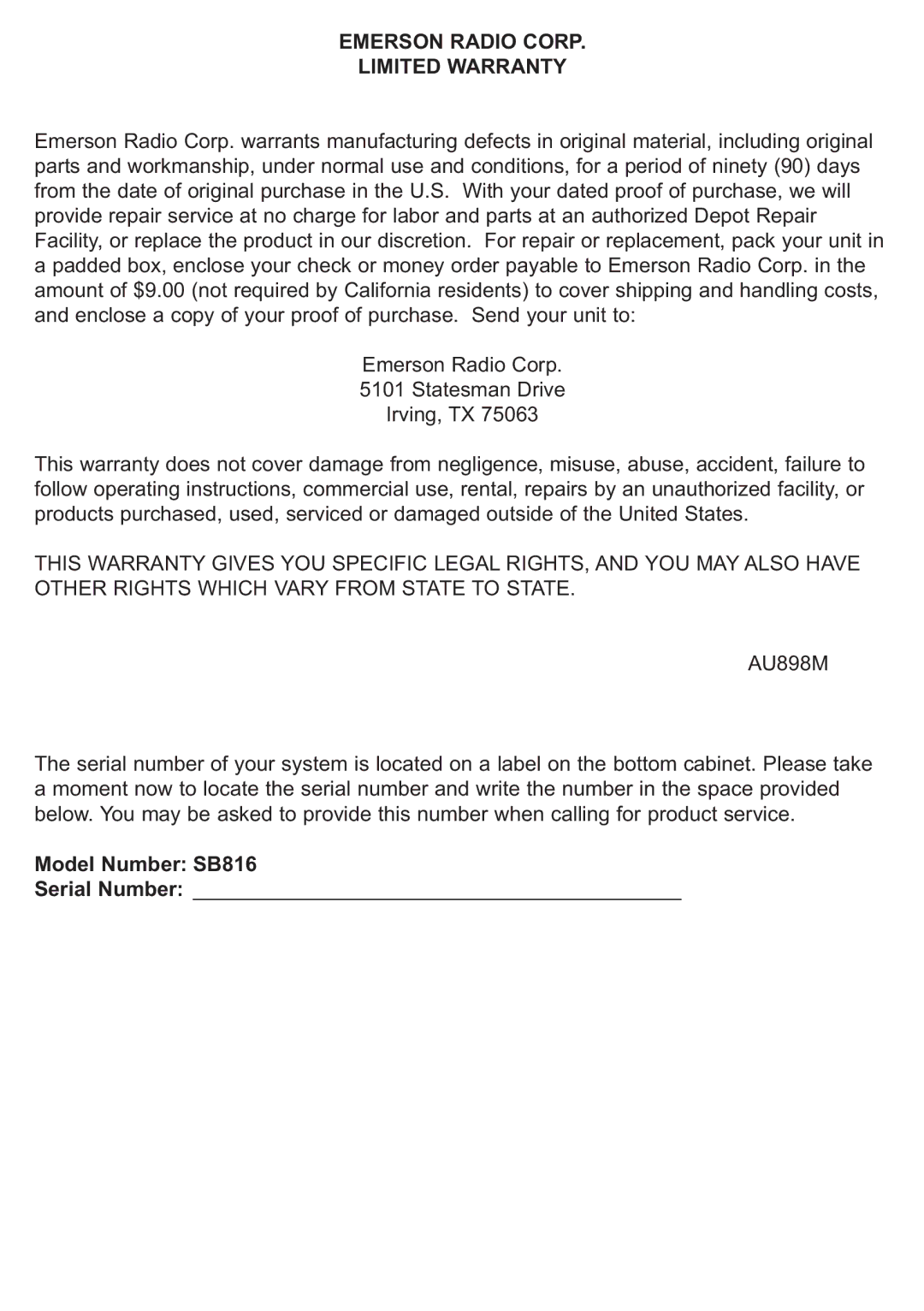 Emerson SB816 owner manual Emerson Radio Corp Limited Warranty, AU898M 