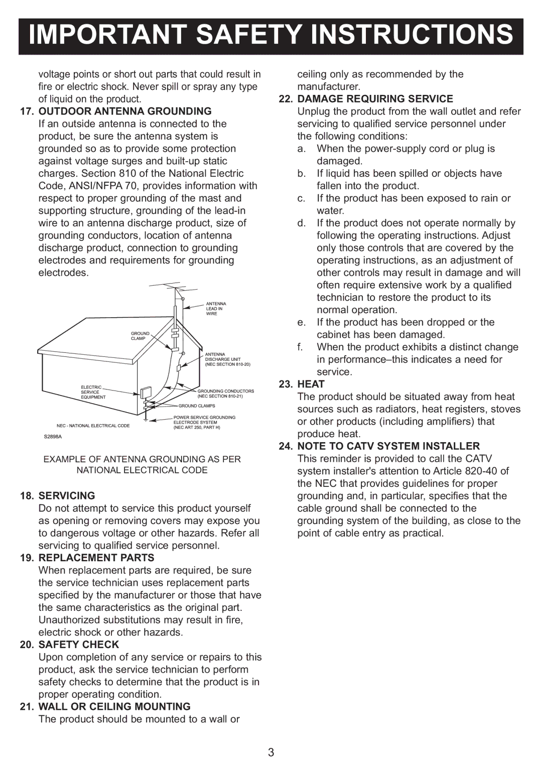 Emerson SB816 owner manual Outdoor Antenna Grounding, Servicing, Replacement Parts, Safety Check, Wall or Ceiling Mounting 