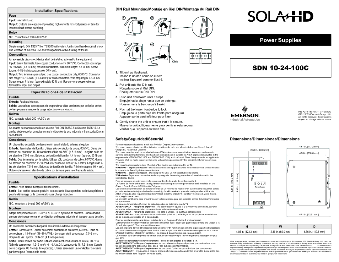 Emerson SDN 10-24-100C dimensions Installation Specifications, Especificaciones de Instalación 