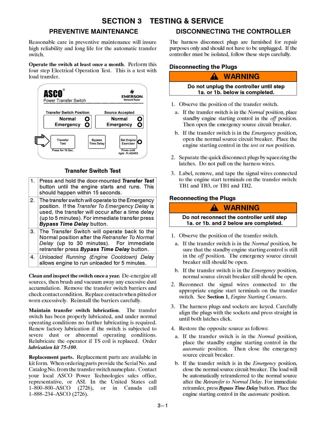 Emerson Series 300 manual Testing & Service, Preventive Maintenance, Disconnecting the Controller 