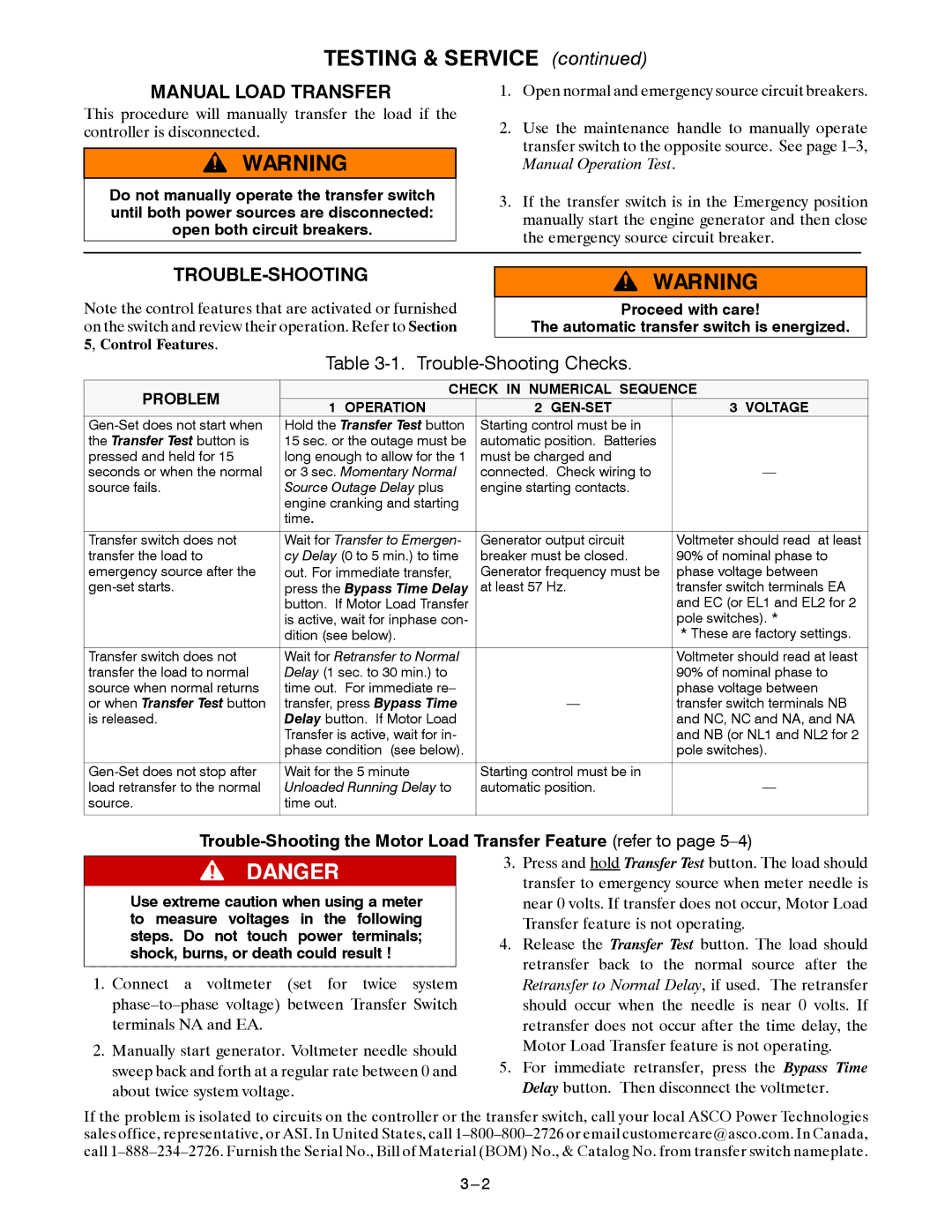Emerson Series 300 manual Testing & Service, Manual Load Transfer, Trouble-Shooting 