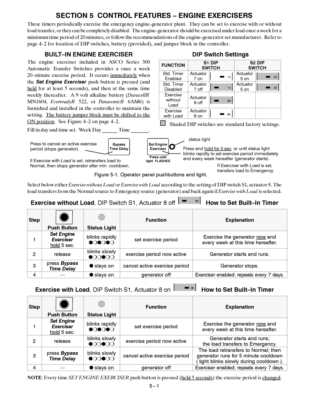 Emerson Series 300 manual Control Features Engine Exercisers, BUILT-IN Engine Exerciser, DIP Switch Settings 