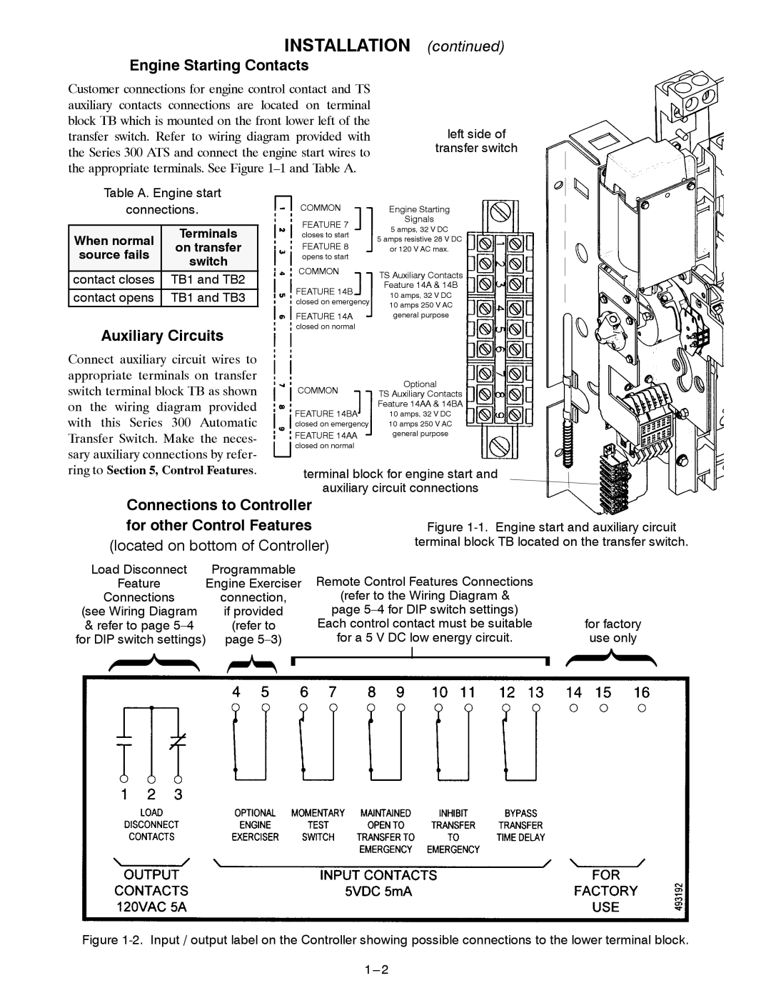 Emerson Series 300 manual Installation, Engine Starting Contacts, Auxiliary Circuits, Connections to Controller 