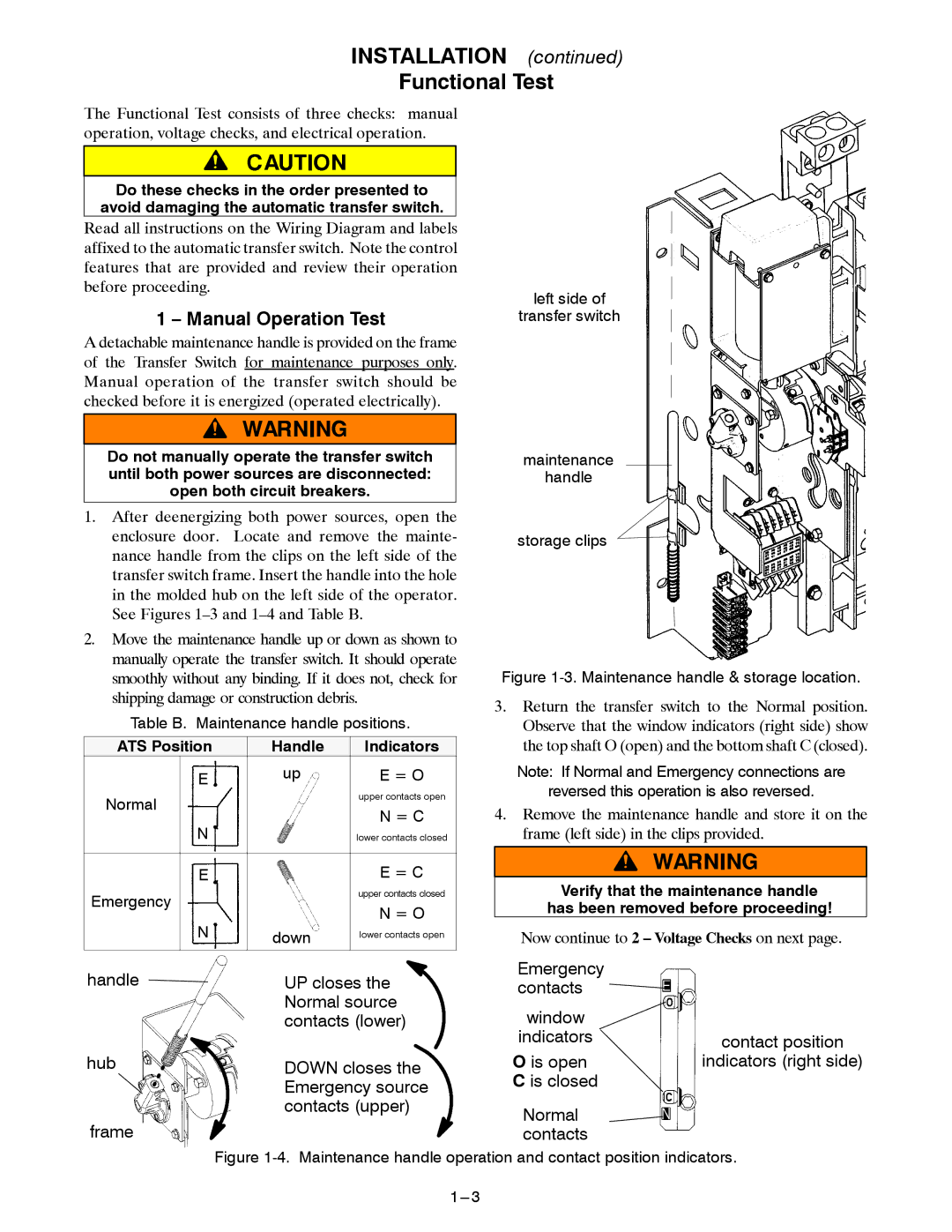 Emerson Series 300 manual Installation Functional Test, Manual Operation Test, ATS Position Handle Indicators 