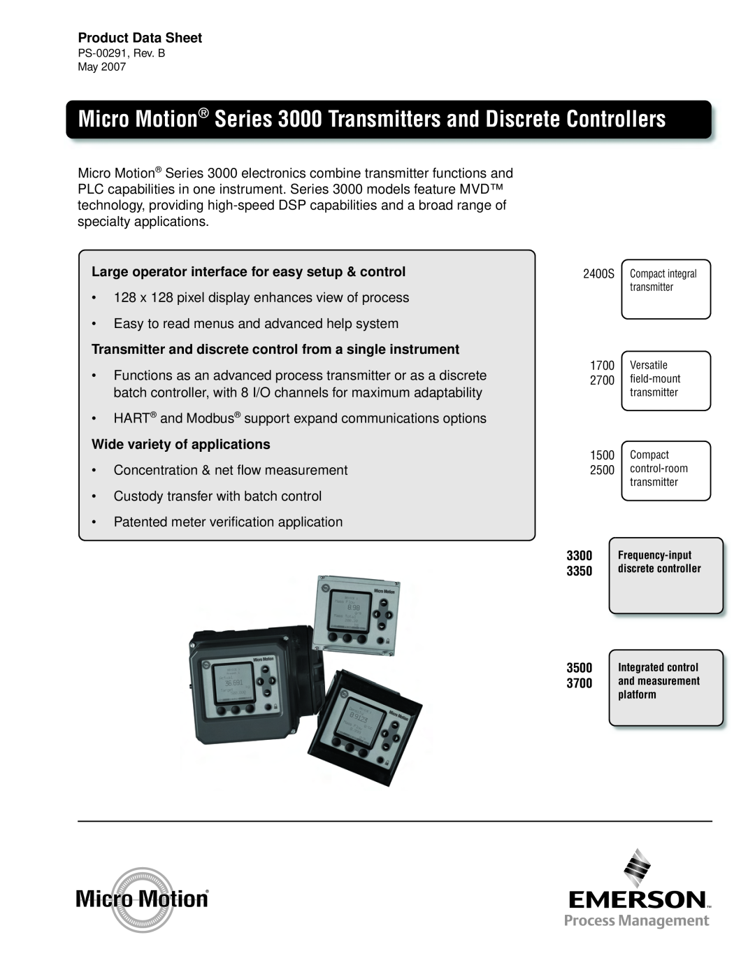 Emerson Series 3000 manual Product Data Sheet, Large operator interface for easy setup & control 