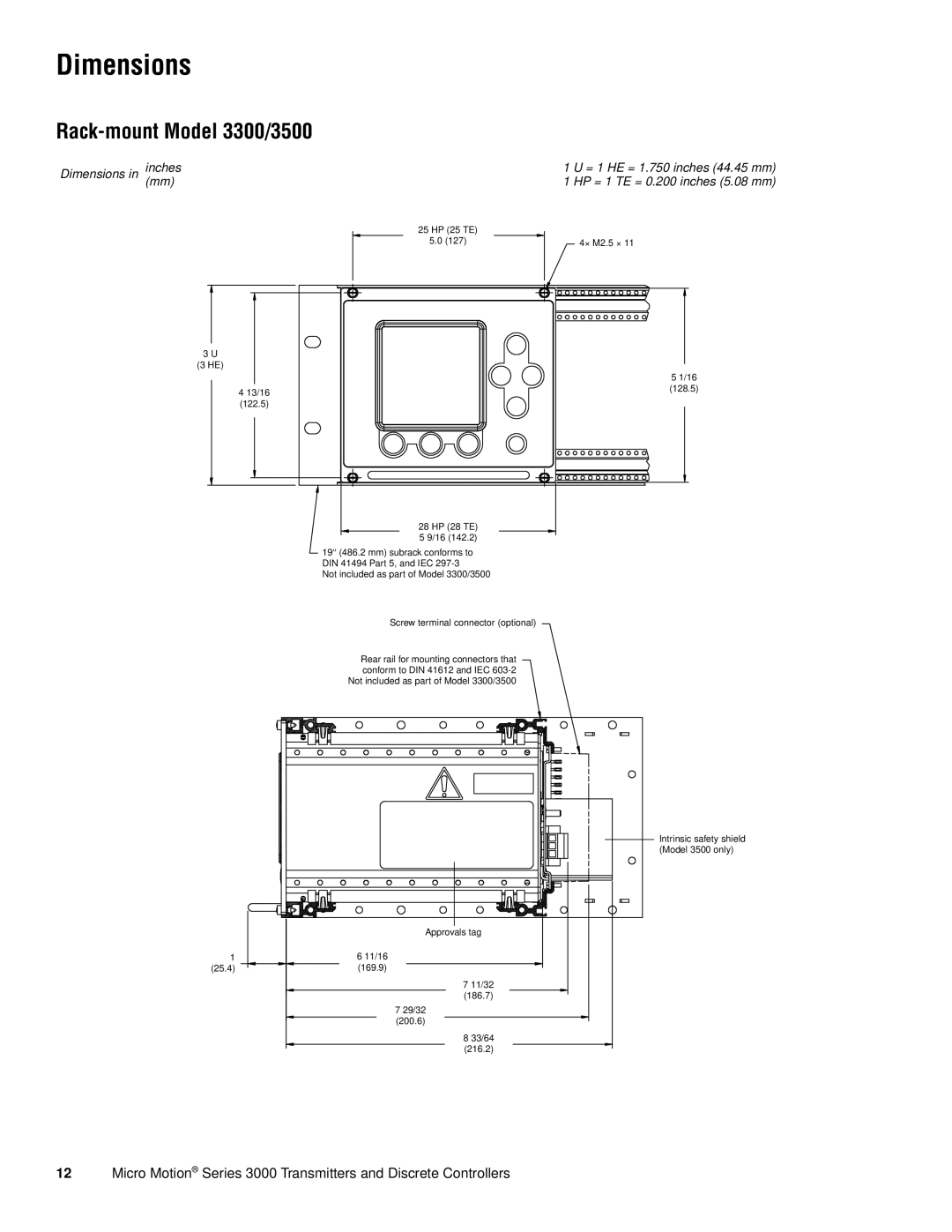 Emerson Series 3000 manual Rack-mountModel 3300/3500, Dimensions in, 1 U = 1 HE = 1.750 inches 44.45 mm 