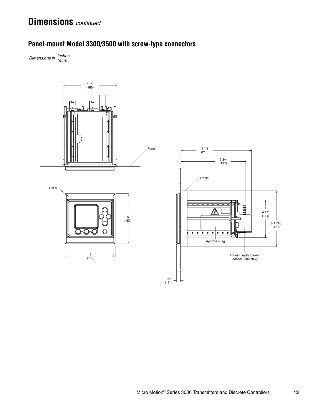 Emerson Series 3000 manual Dimensions continued, Dimensions in, inches 
