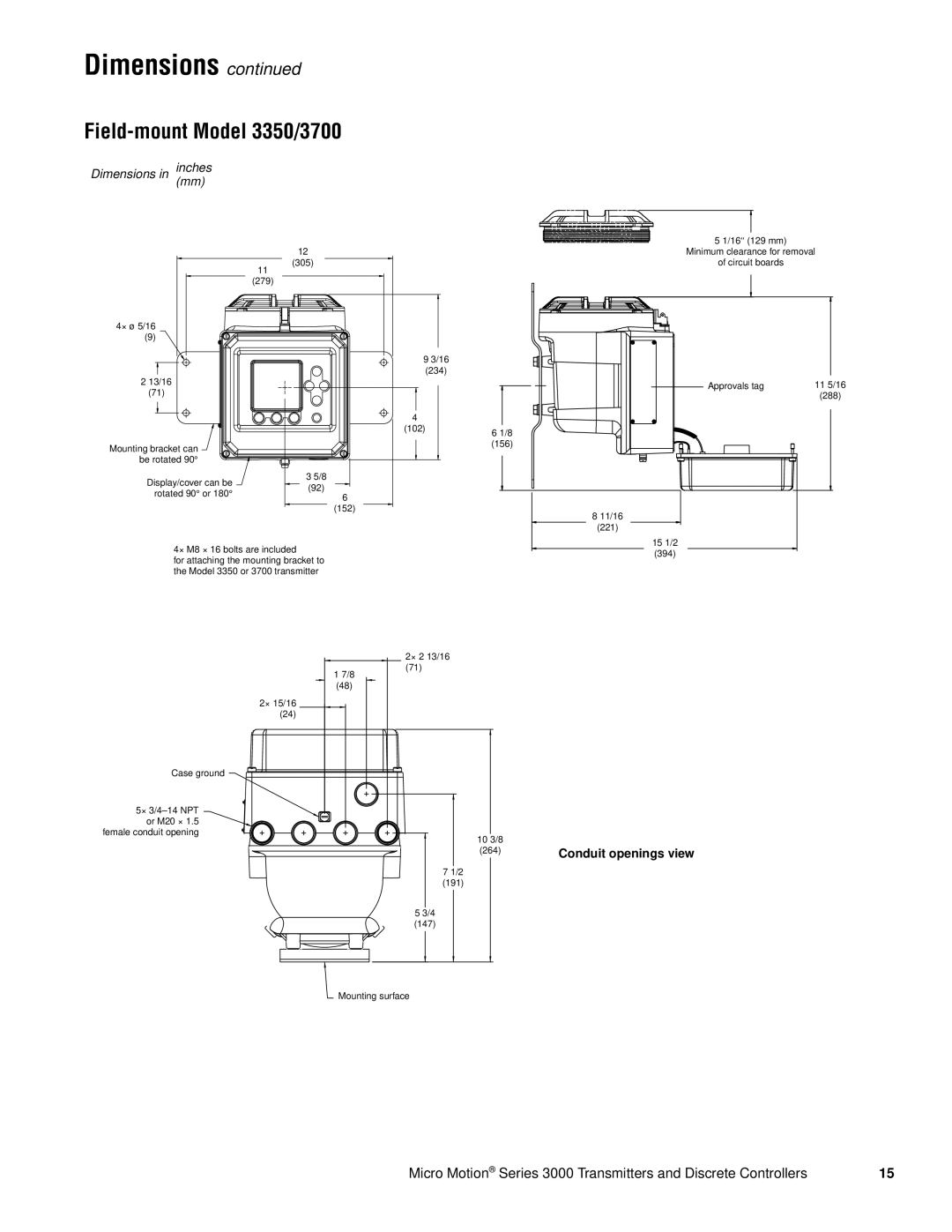 Emerson Series 3000 manual Field-mountModel 3350/3700, Dimensions continued, Dimensions in inchesmm, Conduit openings view 