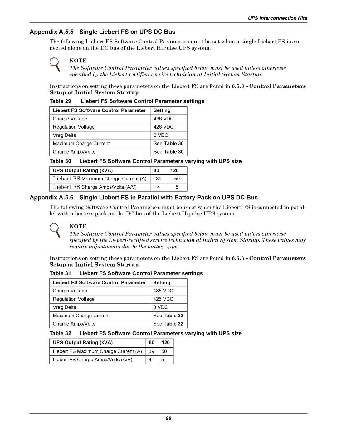 Emerson SERIES 600T, Series 600 user manual Appendix A.5.5 Single Liebert FS on UPS DC Bus, UPS Output Rating kVA 120 